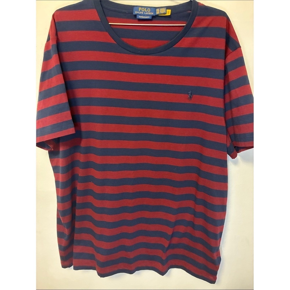 NWOT Polo by Ralph Lauren Burgundy and Navy Striped Short Sleeve Tee XXL Slim